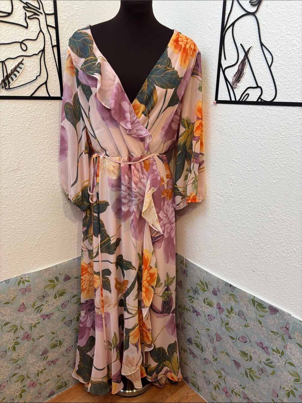 Danny and Nicole pink & purple floral ruffle high-low maxi dress. Size 16.